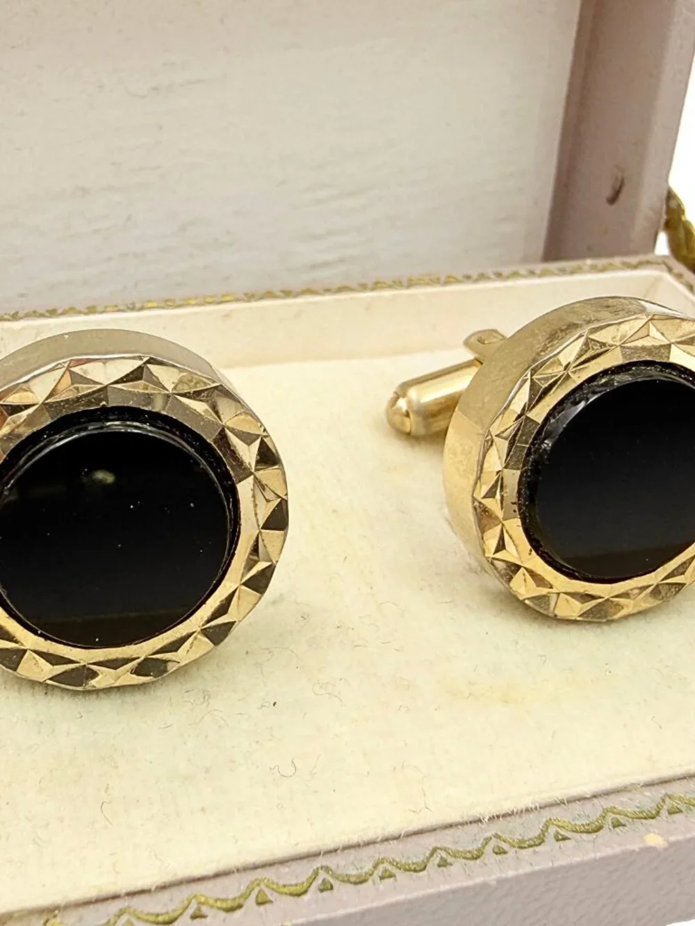 Hickok USA Designer Signed MCM Black Glass Gold Plated Modernist Cufflinks